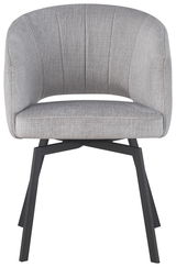 Grauer Armlehnstuhl mit gepolsterter Sitzfläche und Rückenlehne, Vorderansicht