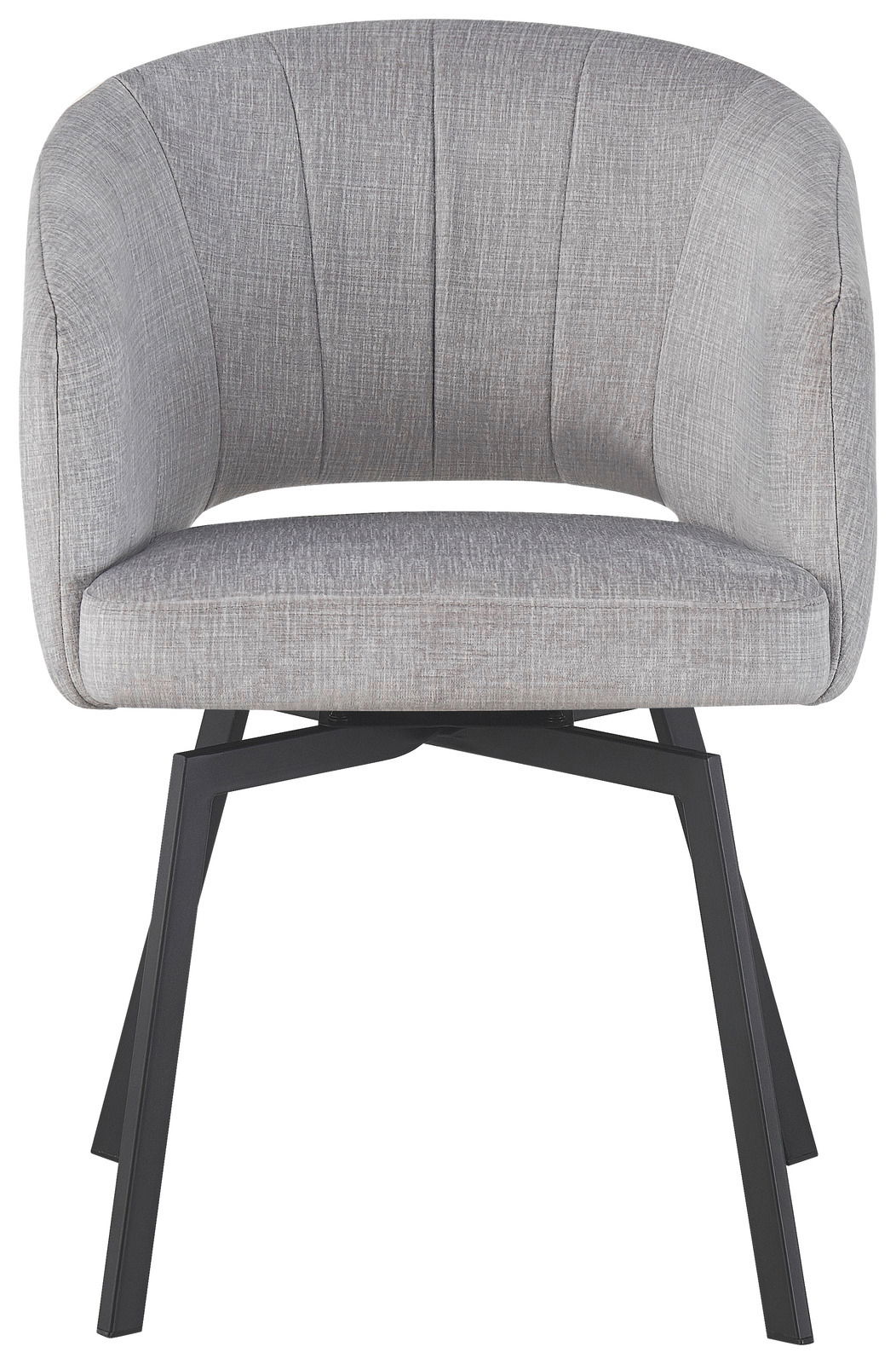 Grauer Armlehnstuhl mit gepolsterter Sitzfläche und Rückenlehne, Vorderansicht