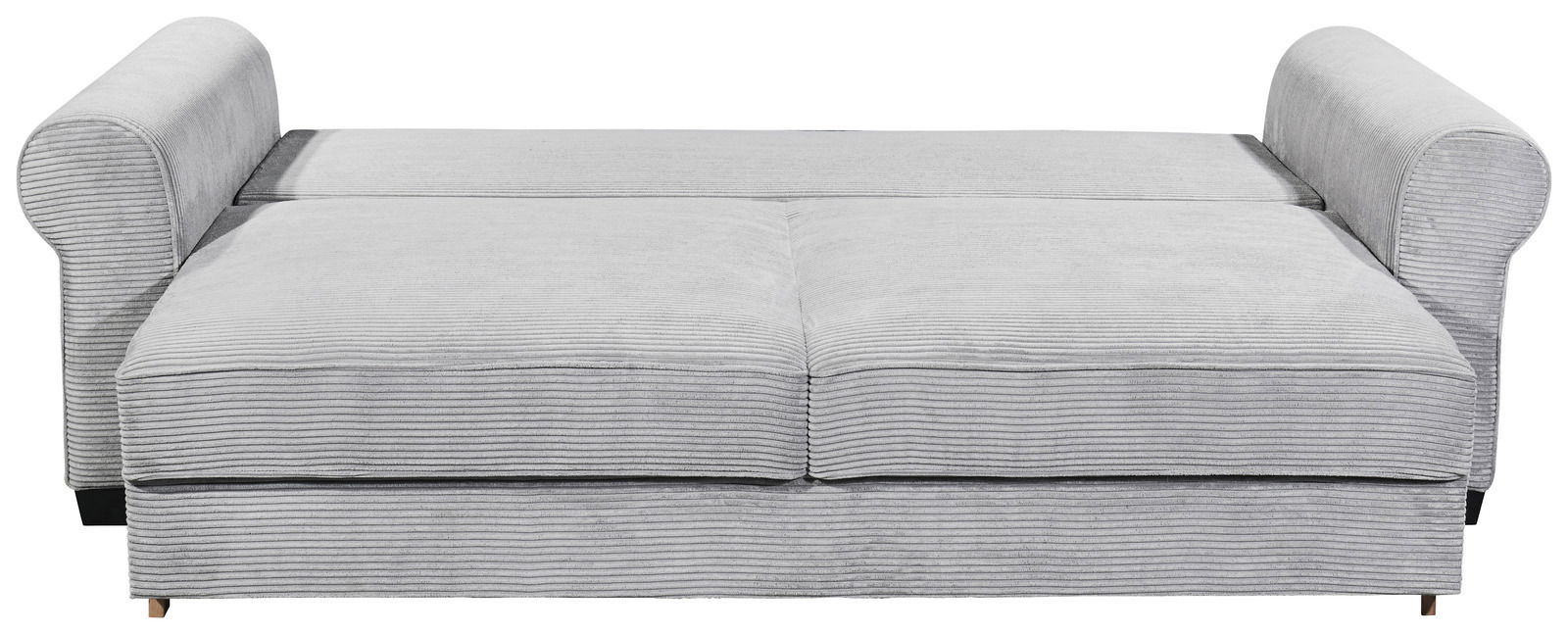 Graues Funktionssofa MAUREEN mit Armlehnen, von vorne betrachtet.