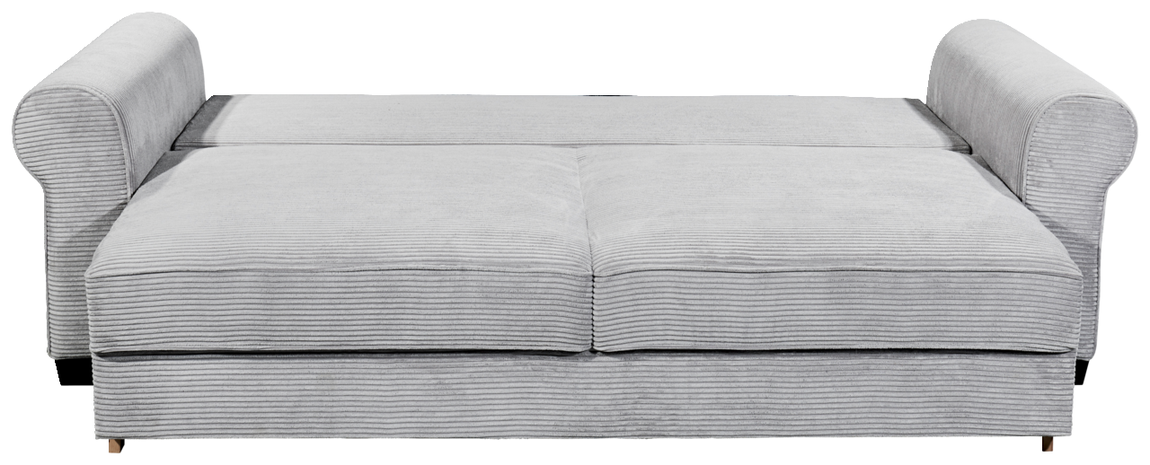 Graues Funktionssofa MAUREEN mit Armlehnen, von vorne betrachtet.