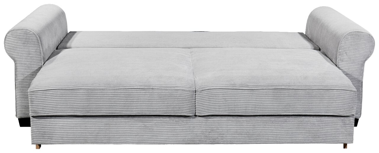 Graues Funktionssofa MAUREEN mit Armlehnen, von vorne betrachtet.