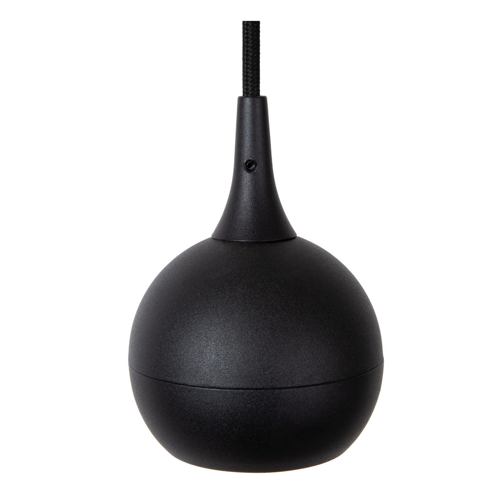 Schwarze Pendelleuchte FAVORI in Nahaufnahme, kugelförmiges Design mit glatter Oberfläche, von vorne betrachtet.