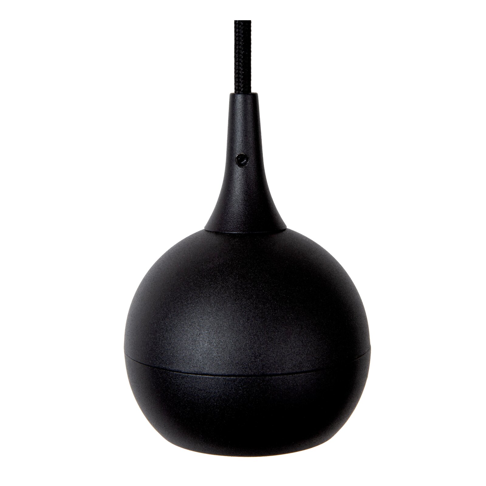 Close-up van de zwarte hanglamp FAVORI, bolvormig ontwerp met een glad oppervlak, gezien vanaf de voorkant.