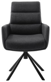 Moderner Armlehnstuhl in dunklem Stoffbezug mit schwarzem Metallgestell, Frontalansicht