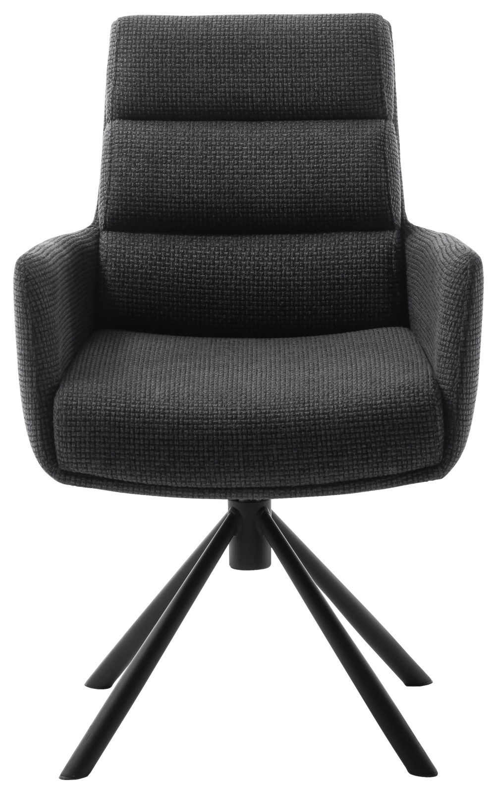 Moderner Armlehnstuhl in dunklem Stoffbezug mit schwarzem Metallgestell, Frontalansicht