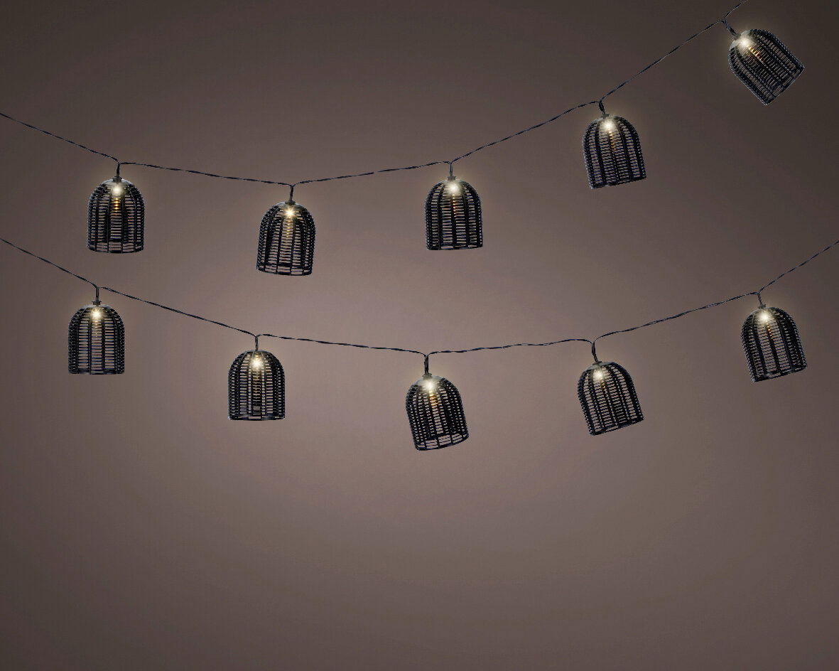 Lumineo Solar Lichterkette Solarbetriebene Lichterkette mit dekorativen Lampenschirmen in Käfigform, seitliche Perspektive