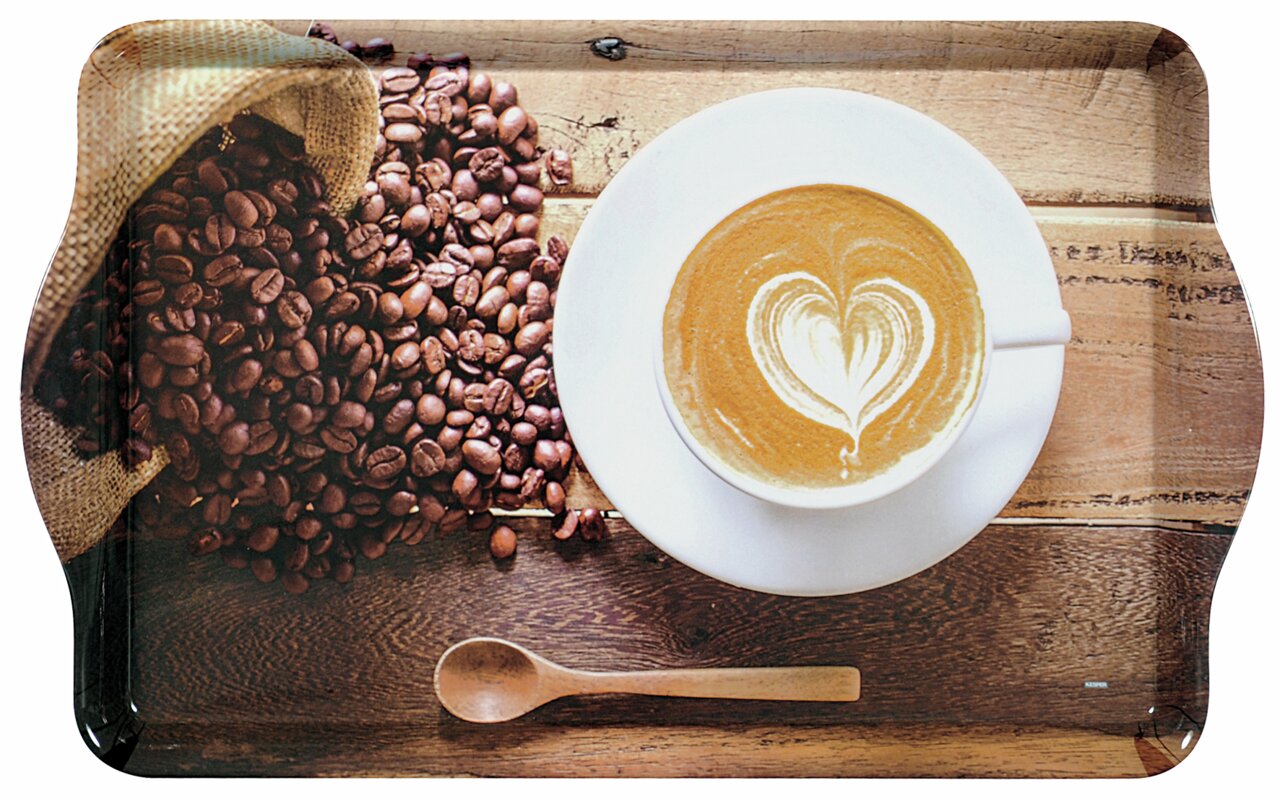 Homeware Serviertablett Serviertablett mit Kaffeebohnen und Cappuccino mit Herzmotiv, von oben betrachtet.