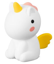 Niedliche Akku-Nachtleuchte in Form eines sitzenden Einhorns mit gelbem Horn und Flügeln, seitliche Perspektive.