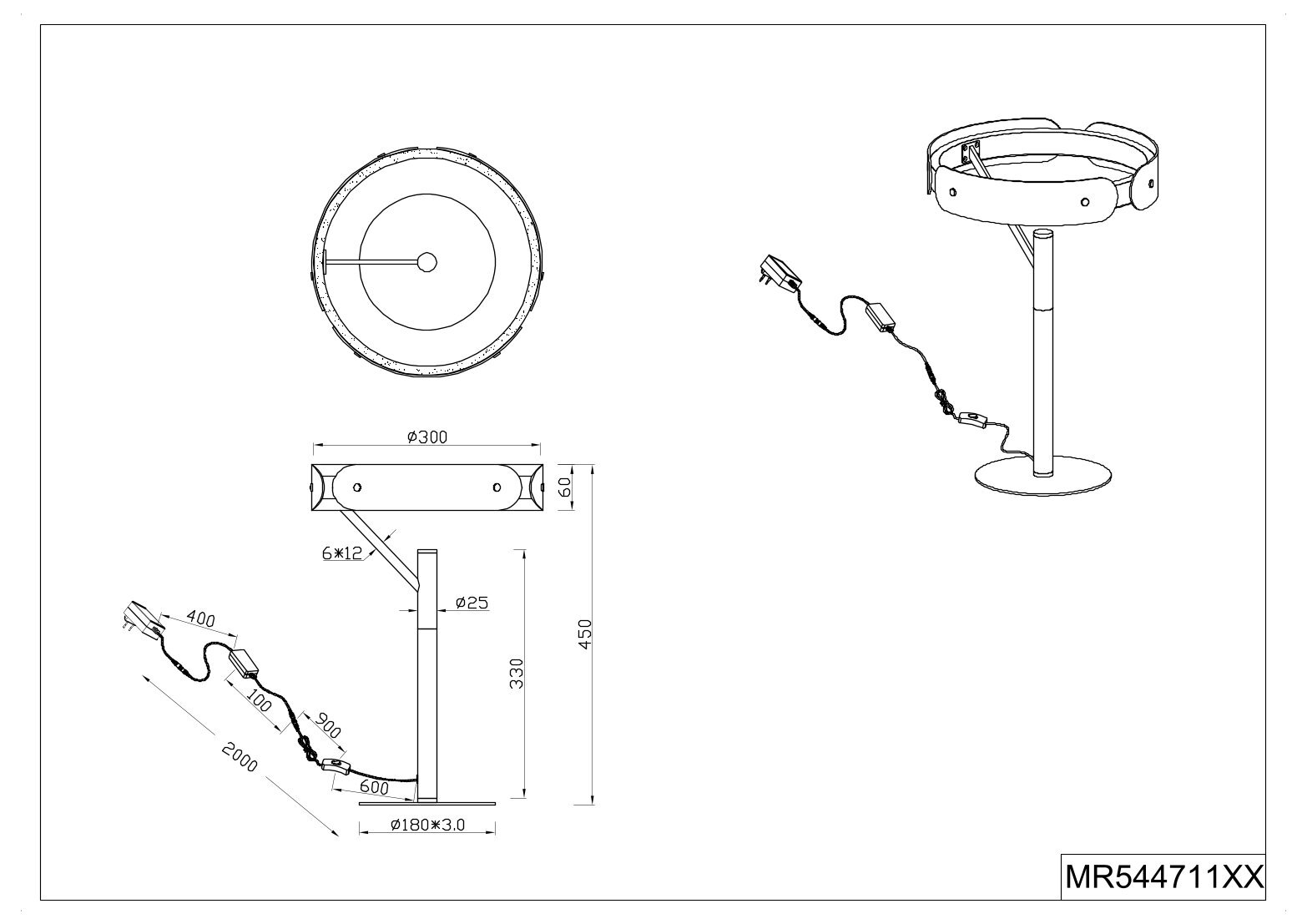 Technische Zeichnung einer runden LED-Tischleuchte mit Ringkopf (Ø300 mm) auf Standfuß, inklusive Netzteil und Kabel; dargestellt in Draufsicht, Seitenansicht und perspektivischer Ansicht schräg von vorn.