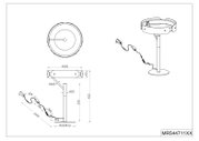 Technische Zeichnung einer runden LED-Tischleuchte mit Ringkopf (Ø300 mm) auf Standfuß, inklusive Netzteil und Kabel; dargestellt in Draufsicht, Seitenansicht und perspektivischer Ansicht schräg von vorn.