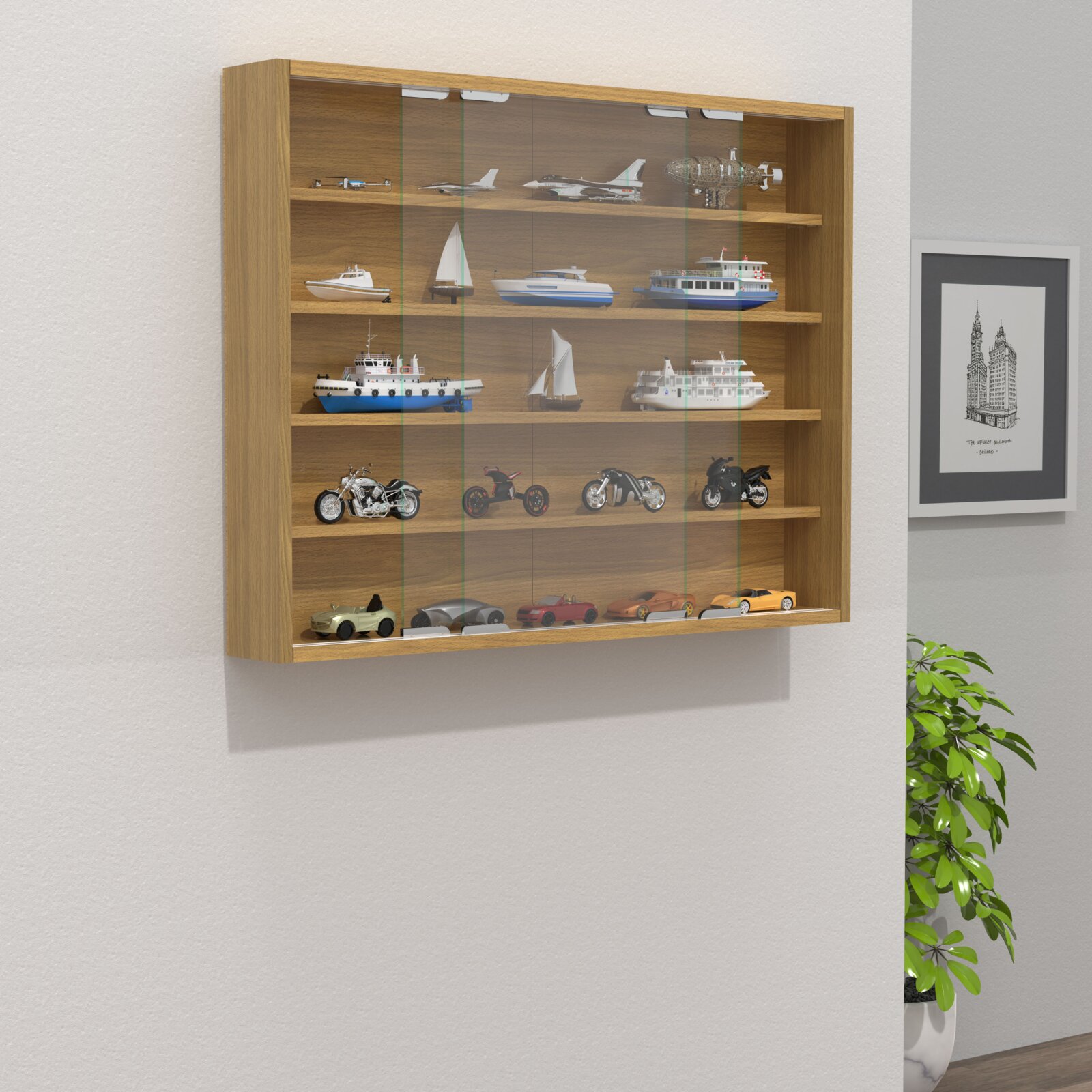 Wandvitrine aus Holz mit Glasschiebetüren und mehreren Regalböden zur Präsentation von Modellfahrzeugen und -booten, in schräger Frontansicht an der Wand.