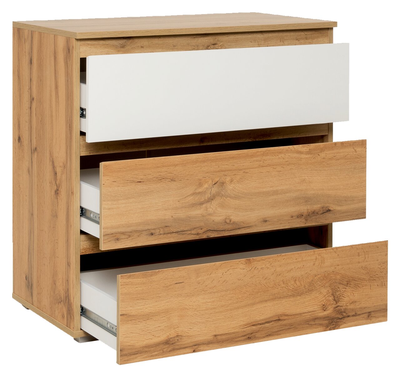 Kommode aus Holz mit drei Schubladen, teilweise geöffnet, in einer schrägen Seitenansicht