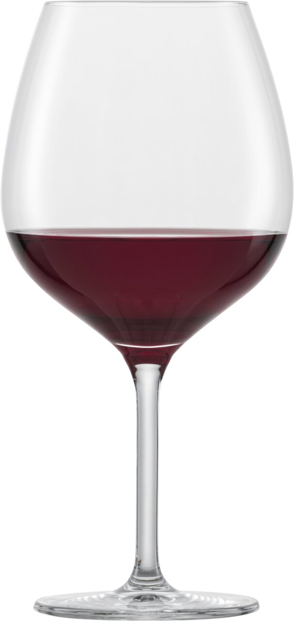 Rotweinglas gefüllt mit Rotwein, seitliche Ansicht