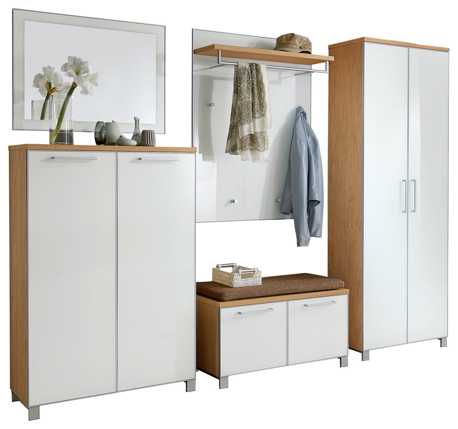 VOSS Garderoben-Set 6-tlg. SANTINA Garderoben-Set 6-tlg. in moderner Holz- und Weißoptik, bestehend aus Schränken, Spiegel, Sitzbank und Hakenleiste, frontal betrachtet.