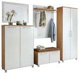 Garderoben-Set 6-tlg. in moderner Holz- und Weißoptik, bestehend aus Schränken, Spiegel, Sitzbank und Hakenleiste, frontal betrachtet.