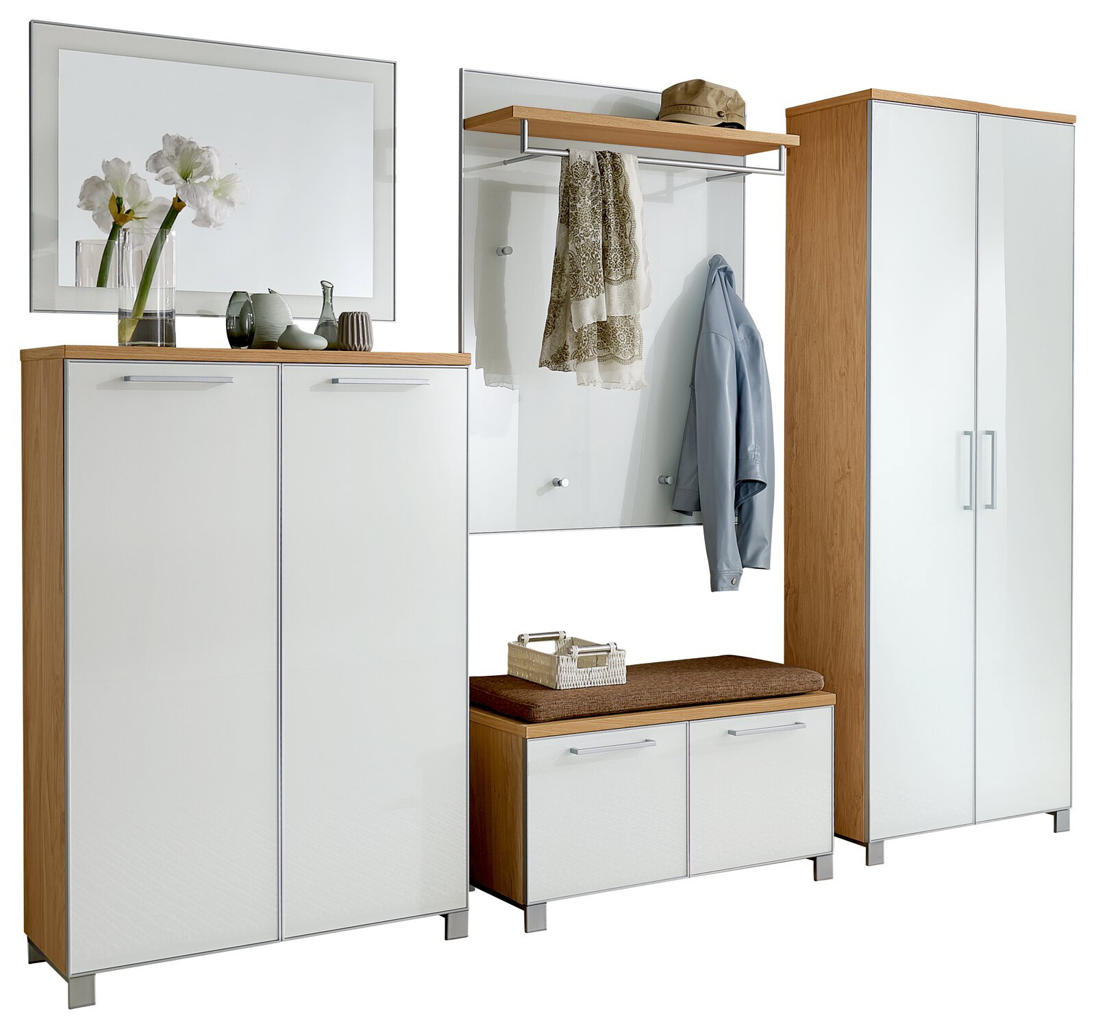 VOSS Garderoben-Set 6-tlg. SANTINA Garderoben-Set 6-tlg. in moderner Holz- und Weißoptik, bestehend aus Schränken, Spiegel, Sitzbank und Hakenleiste, frontal betrachtet.