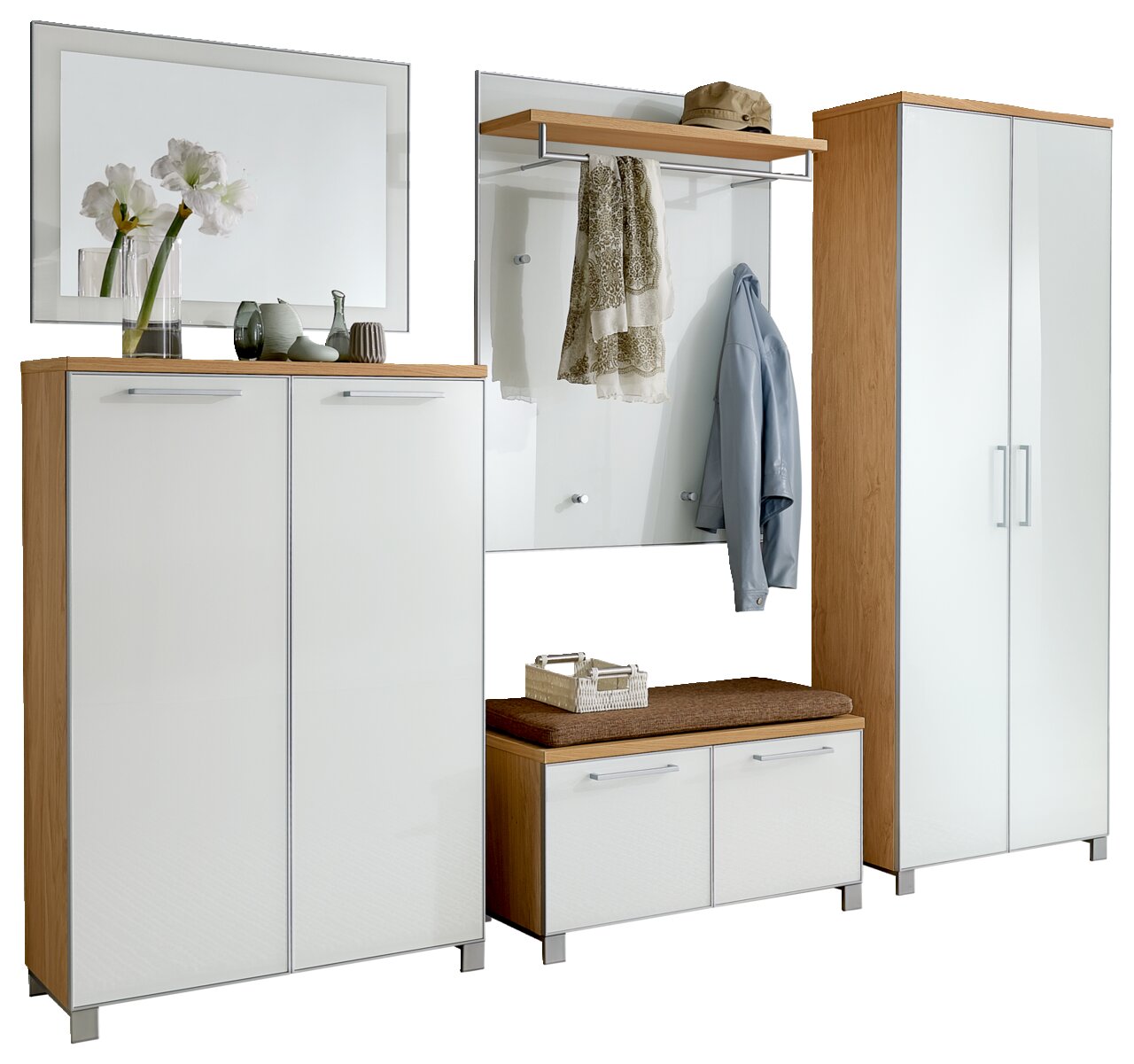 VOSS Garderoben-Set 6-tlg. SANTINA Garderoben-Set 6-tlg. in moderner Holz- und Weißoptik, bestehend aus Schränken, Spiegel, Sitzbank und Hakenleiste, frontal betrachtet.