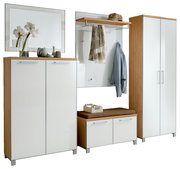 Garderoben-Set 6-tlg. in moderner Holz- und Weißoptik, bestehend aus Schränken, Spiegel, Sitzbank und Hakenleiste, frontal betrachtet.
