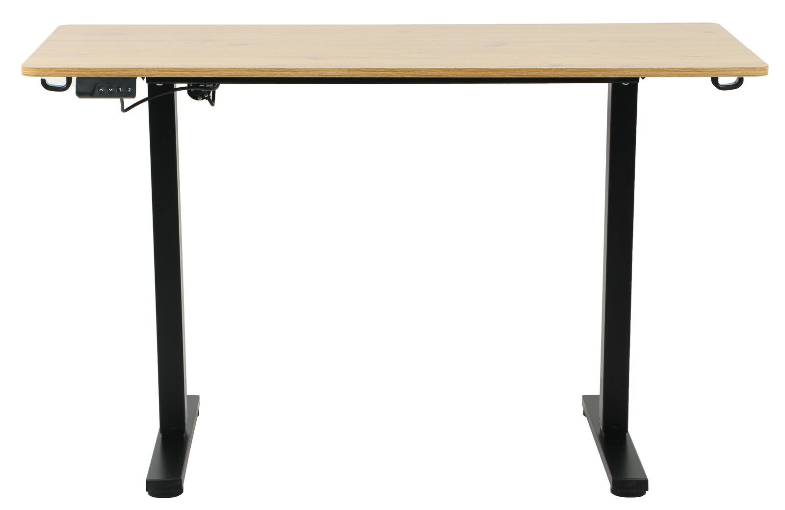 Elektrisch höhenverstellbarer Schreibtisch mit Holzplatte und schwarzen Metallbeinen, Frontalansicht