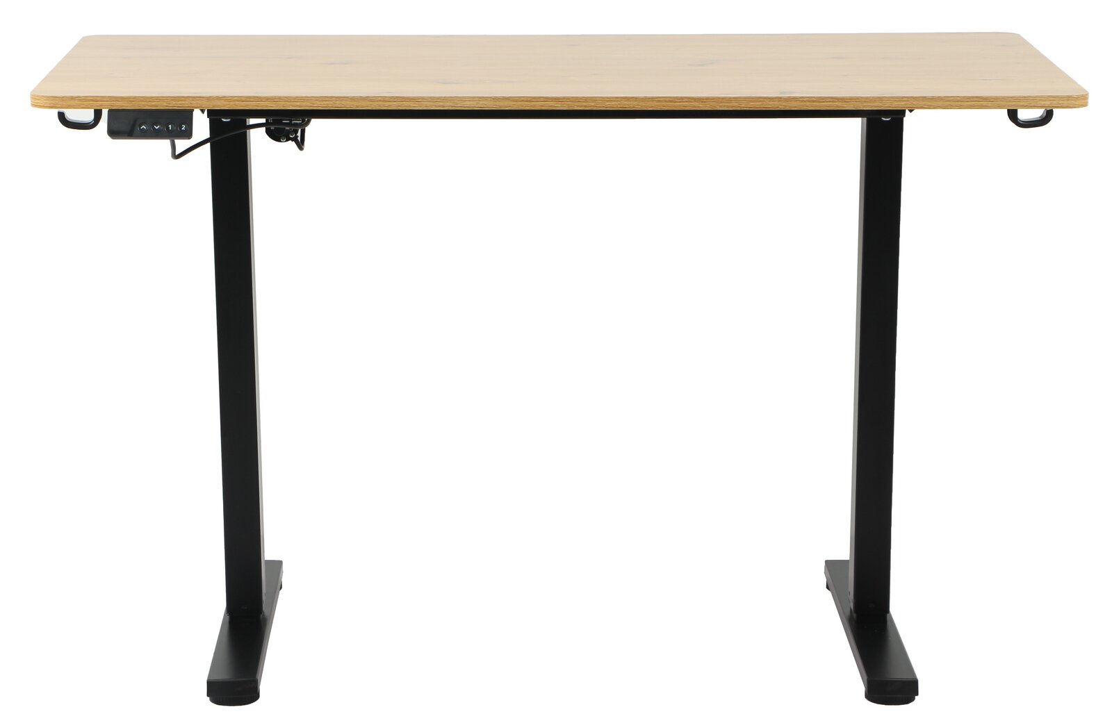 Elektrisch höhenverstellbarer Schreibtisch mit Holzplatte und schwarzen Metallbeinen, Frontalansicht