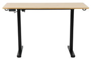 Elektrisch höhenverstellbarer Schreibtisch mit Holzplatte und schwarzen Metallbeinen, Frontalansicht