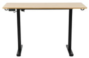 Elektrisch höhenverstellbarer Schreibtisch mit Holzplatte und schwarzen Metallbeinen, Frontalansicht