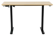 Elektrisch höhenverstellbarer Schreibtisch mit Holzplatte und schwarzen Metallbeinen, Frontalansicht