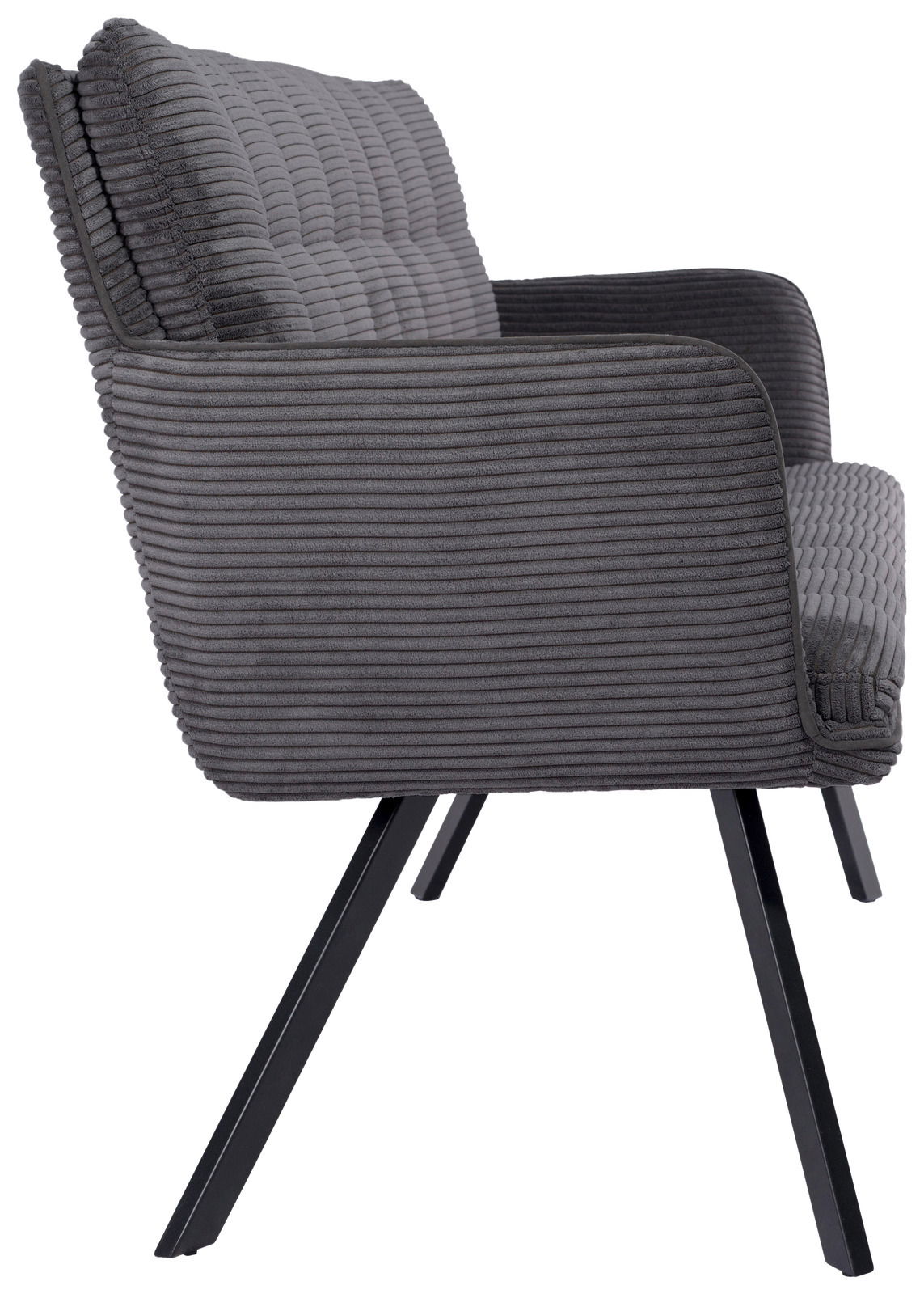 Stylife Sitzbank POLLY Seitenansicht einer grauen Sitzbank mit geripptem Stoffbezug und schwarzen Metallbeinen.
