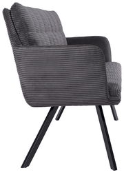 Seitenansicht einer grauen Sitzbank mit geripptem Stoffbezug und schwarzen Metallbeinen.