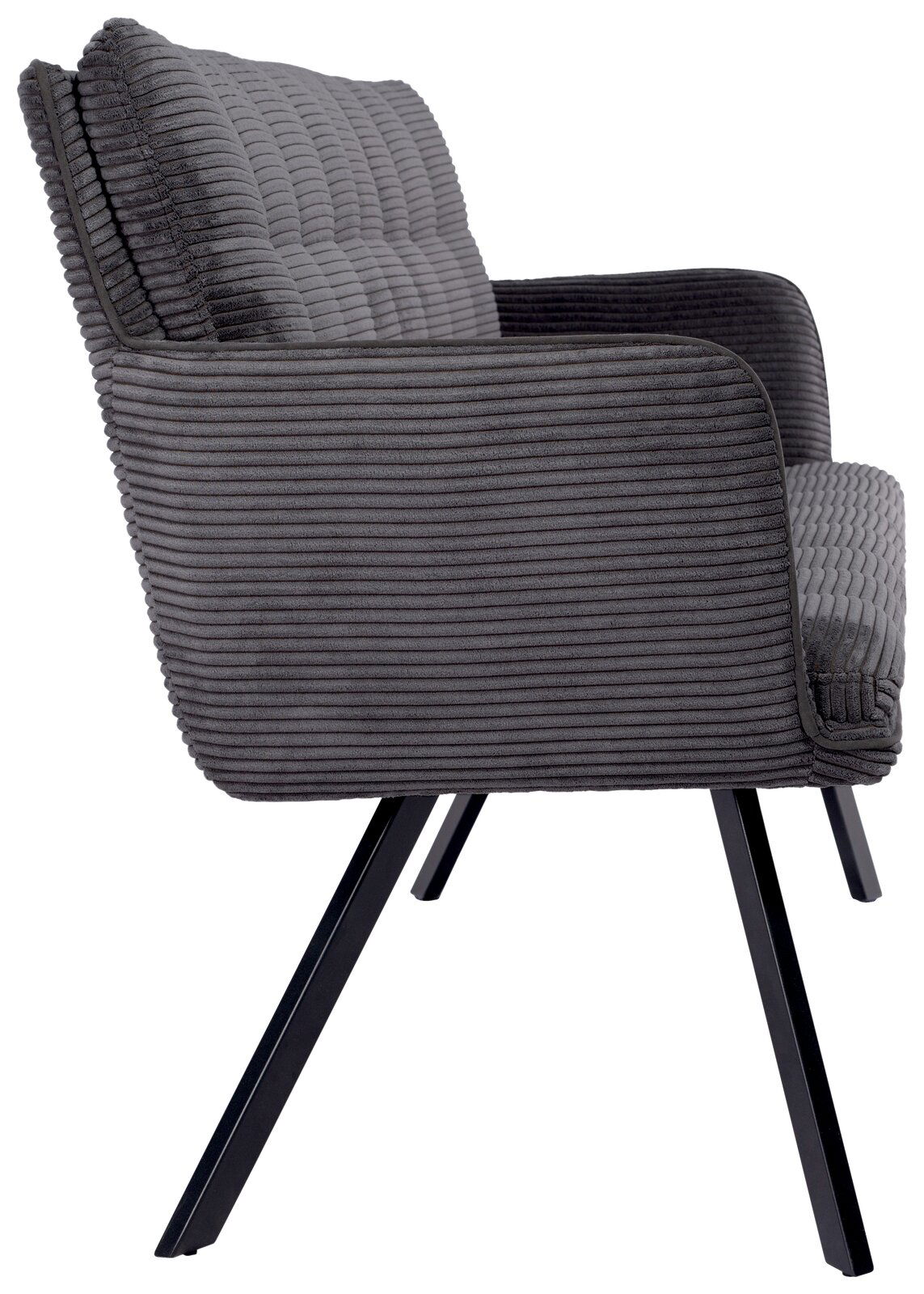 Stylife Sitzbank POLLY Seitenansicht einer grauen Sitzbank mit geripptem Stoffbezug und schwarzen Metallbeinen.