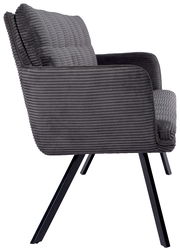 Seitenansicht einer grauen Sitzbank mit geripptem Stoffbezug und schwarzen Metallbeinen.