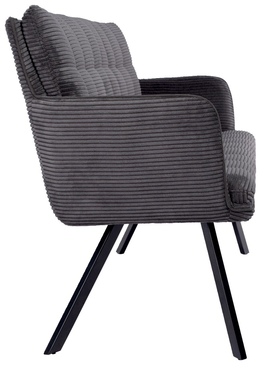 Stylife Sitzbank POLLY Seitenansicht einer grauen Sitzbank mit geripptem Stoffbezug und schwarzen Metallbeinen.
