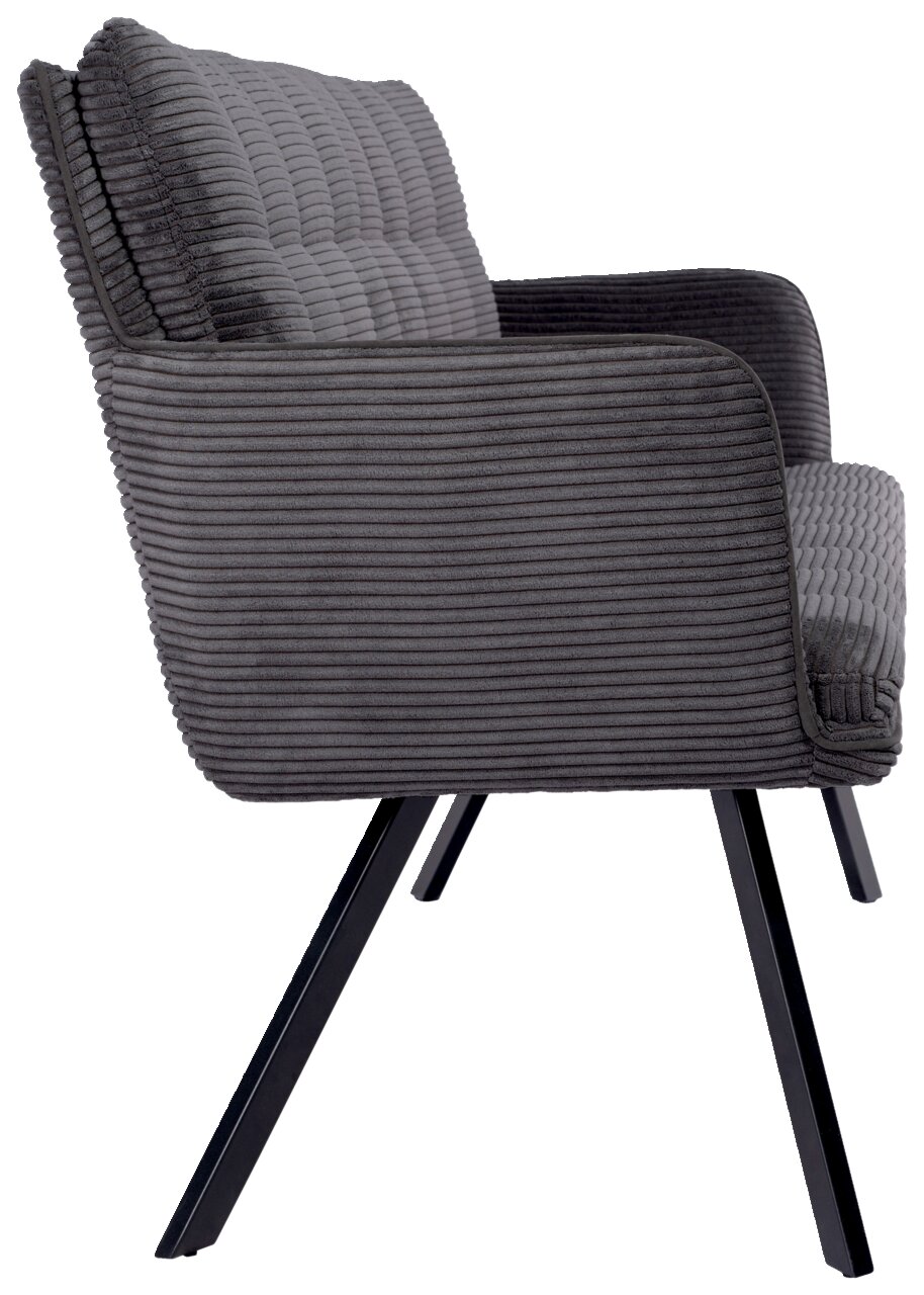Stylife Sitzbank POLLY Seitenansicht einer grauen Sitzbank mit geripptem Stoffbezug und schwarzen Metallbeinen.