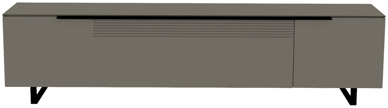 Moderano XL TV-Lowboard BORMIO Frontansicht eines modernen, grauen XL TV-Lowboards der Serie BORMIO mit klaren Linien und schwarzen Beinen.