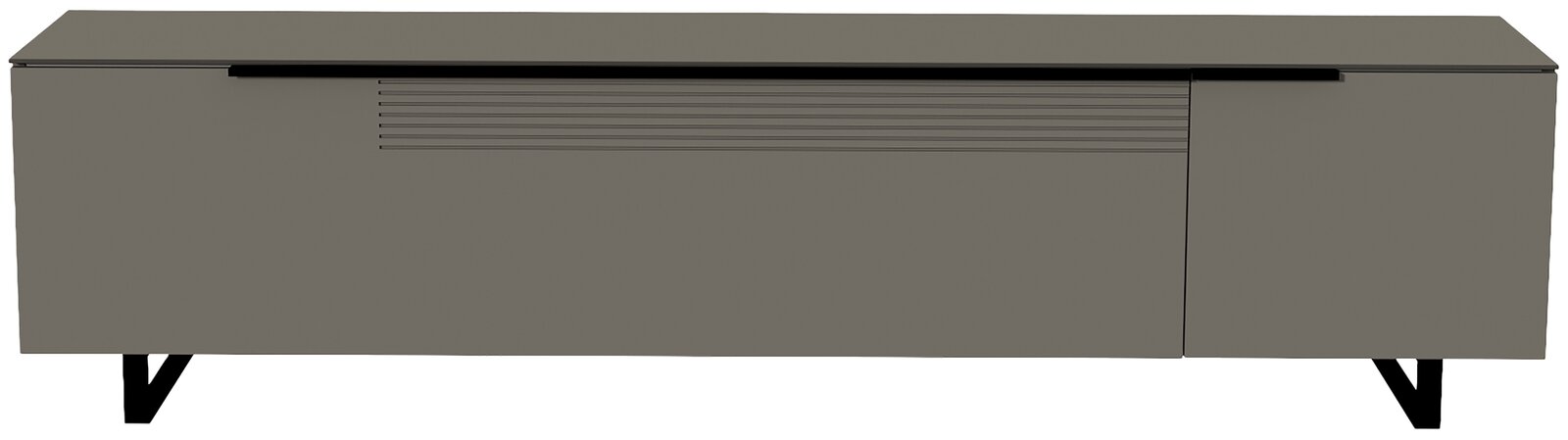 Frontansicht eines modernen, grauen XL TV-Lowboards der Serie BORMIO mit klaren Linien und schwarzen Beinen.
