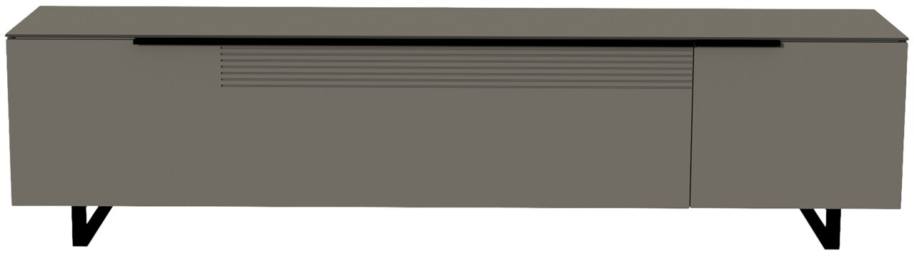 Moderano XL TV-Lowboard BORMIO Frontansicht eines modernen, grauen XL TV-Lowboards der Serie BORMIO mit klaren Linien und schwarzen Beinen.