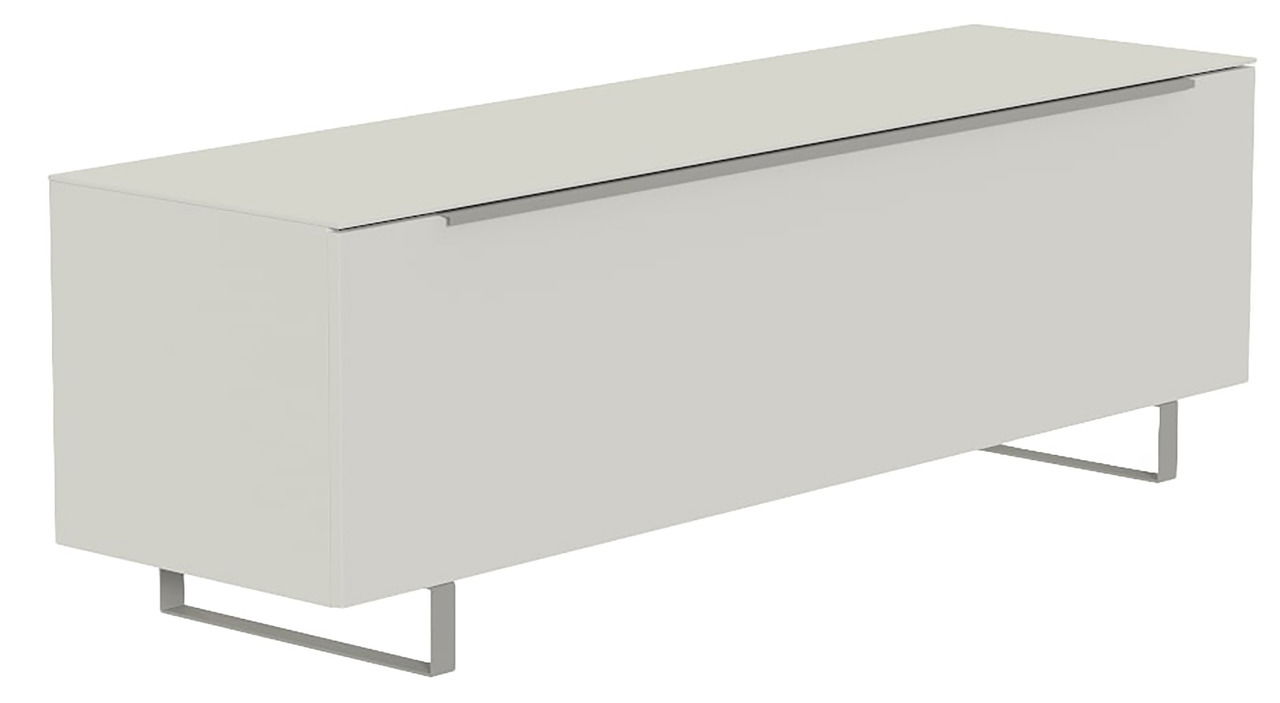 Modernes TV-Lowboard in Weiß mit Metallfüßen, seitliche Perspektive