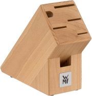 WMF Messerblock aus hellem Holz mit schräger Oberseite und mehreren Messerschlitzen, in schräger Frontansicht von oben