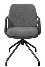 Grauer Armlehnstuhl mit gepolstertem Sitz und Rückenlehne, schwarzem Metallgestell, Frontalansicht