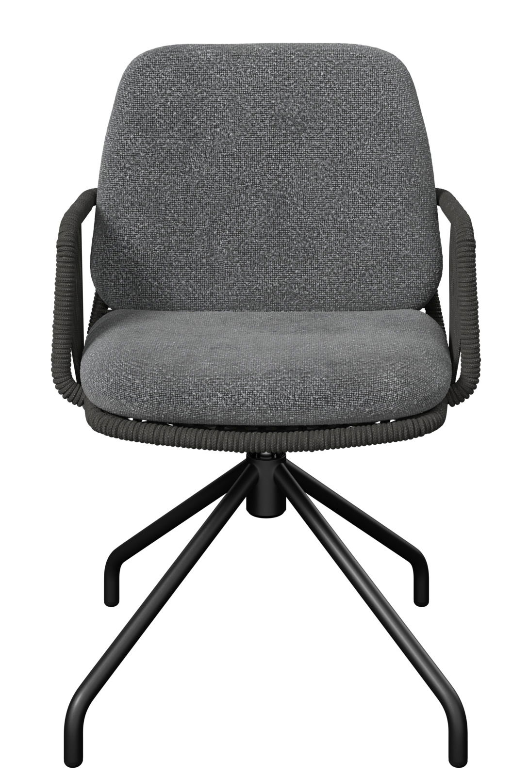 Grauer Armlehnstuhl mit gepolstertem Sitz und Rückenlehne, schwarzem Metallgestell, Frontalansicht