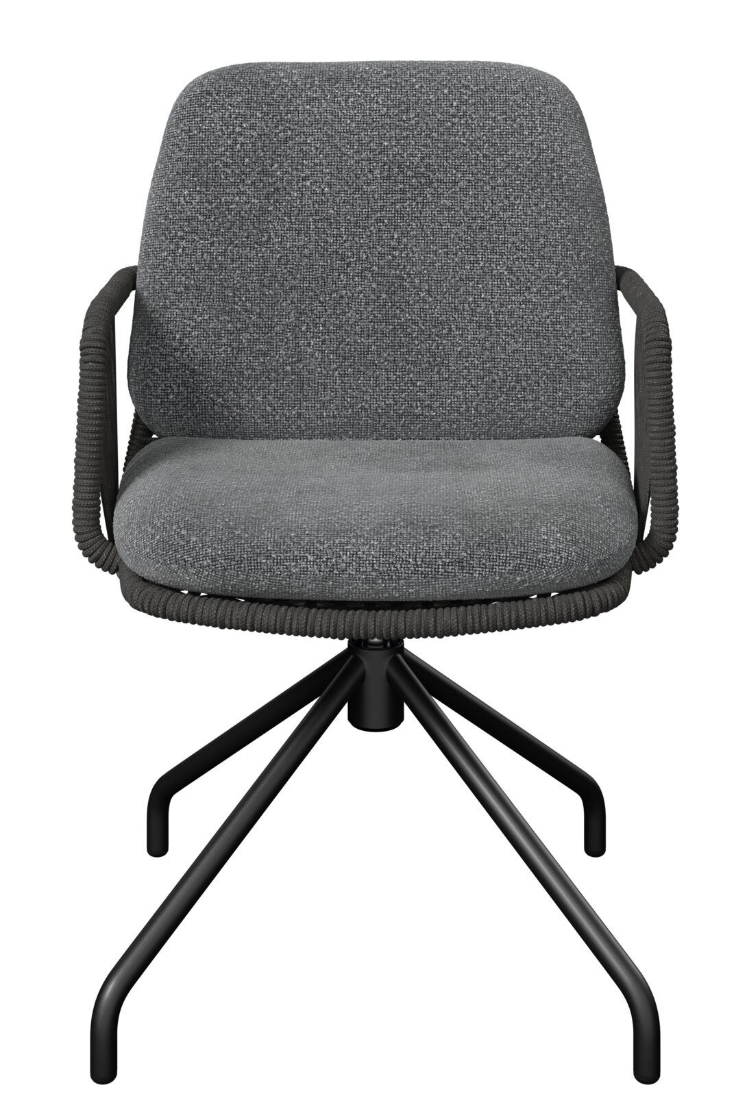 Grauer Armlehnstuhl mit gepolstertem Sitz und Rückenlehne, schwarzem Metallgestell, Frontalansicht