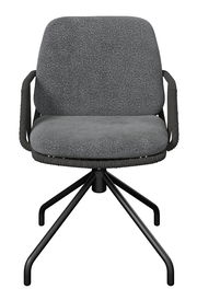 Grauer Armlehnstuhl mit gepolstertem Sitz und Rückenlehne, schwarzem Metallgestell, Frontalansicht