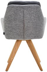 Rückansicht eines Armlehnstuhls mit grauem Stoffbezug und Holzbeinen