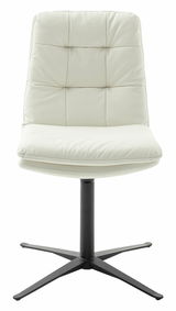 Moderner weißer Stuhl mit gepolsterter Rückenlehne und schwarzem Metallfuß, Frontalansicht