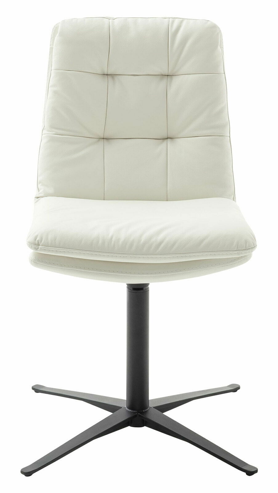 Moderner weißer Stuhl mit gepolsterter Rückenlehne und schwarzem Metallfuß, Frontalansicht