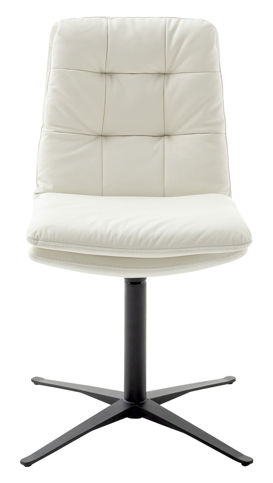 Moderner weißer Stuhl mit gepolsterter Rückenlehne und schwarzem Metallfuß, Frontalansicht