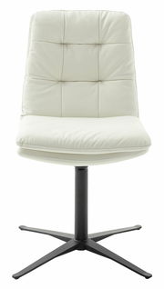 Moderner weißer Stuhl mit gepolsterter Rückenlehne und schwarzem Metallfuß, Frontalansicht