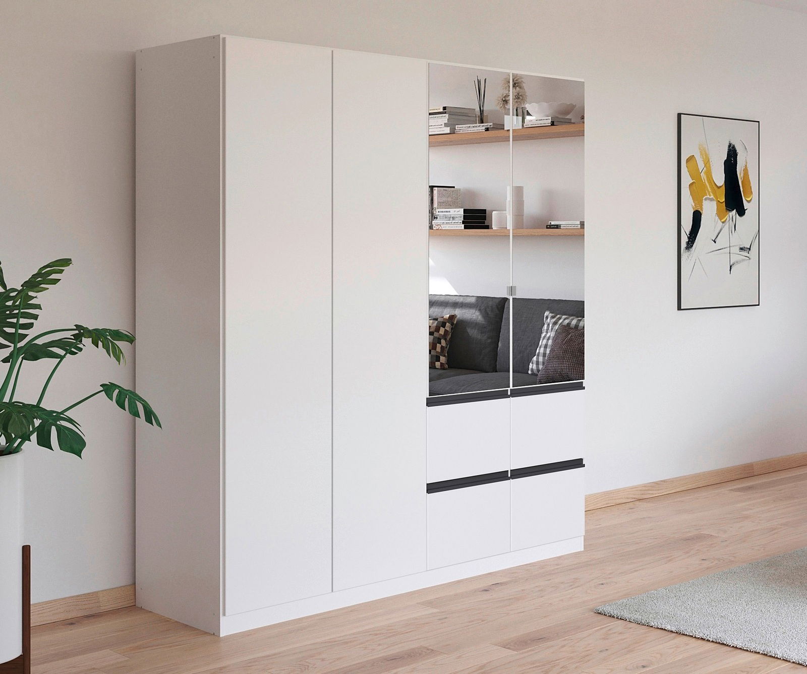 Moderner 4-türiger Drehtürenschrank in Weiß mit Spiegeln, seitliche Perspektive