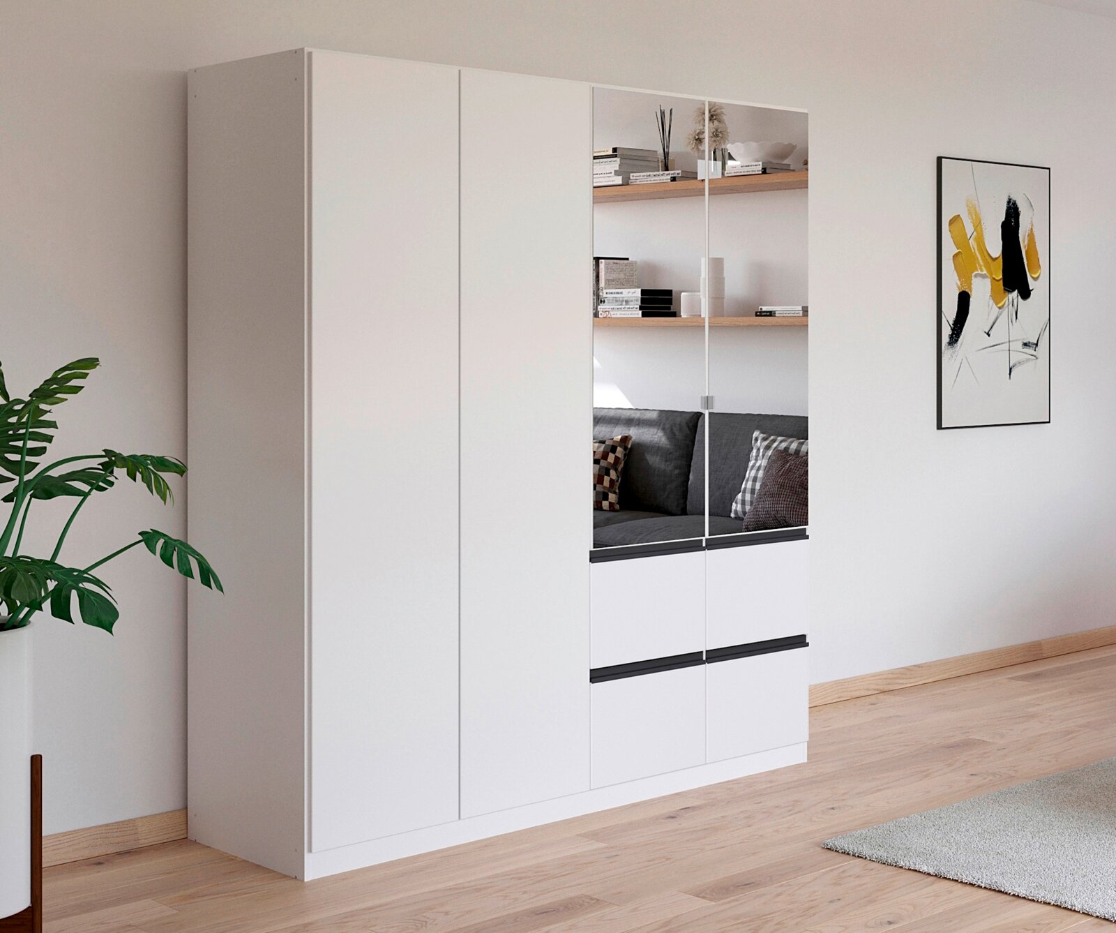 Moderner 4-türiger Drehtürenschrank in Weiß mit Spiegeln, seitliche Perspektive