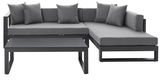 Modernes Lounge-Set in L-Form mit grauen Kissen, Ansicht von vorne.
